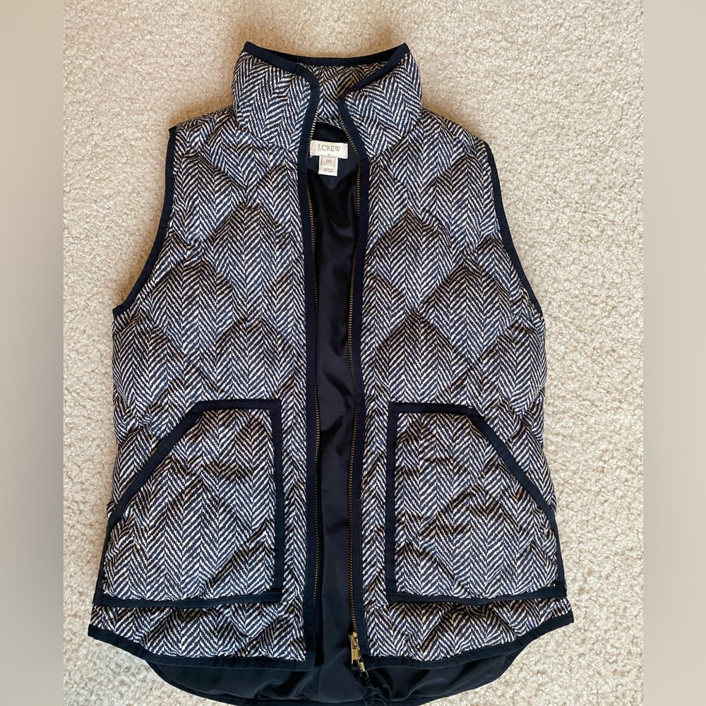 J. Crew puffer vest. XXS black and beige herringbone.